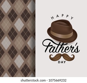 Happy fathers day greeting card with typography design, hat, moustache and repeating pattern background