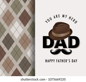 Happy fathers day greeting card with typography design, hat, moustache and repeating pattern background