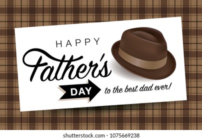 Happy Fathers Day Greeting Card With Typography Design, Hat And Repeating Pattern Background