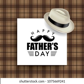 Happy fathers day greeting card with typography design, hat, moustache and repeating pattern background