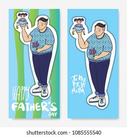 Happy father's day greeting card. Vector illustration with lettering. Dad holding his daughter