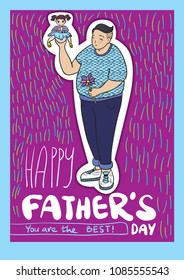 Happy father's day greeting card. Vector illustration with lettering. Dad holding his daughter