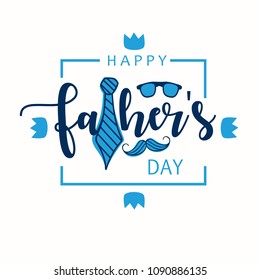 Happy Fathers Day greeting card design for men's event, banner or poster. Abstract background with paper cut mustache, tie and glasses. Hand lettering text ,typography . Vector illustration