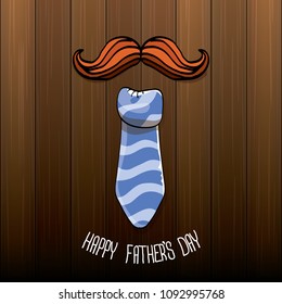 happy fathers day greeting card with cartoon color tie, mustache and greeting text. fathers day vector label or icon isolated on wooden background