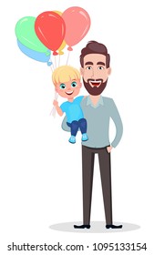 Happy Fathers Day greeting card, flyer, poster or banner. Handsome father holding his son with air balloons. Vector illustration on white background