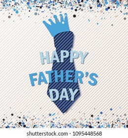 Happy Fathers Day greeting card with stripes tie and crown on rose gradient background of stripes. Vector illustration. All isolated and layered