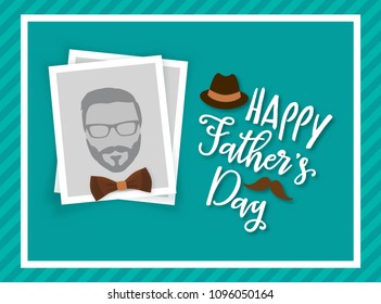 Happy father's day greeting card design, with photo frame for uploading picture, photo. Vector background with bow tie, hat, and mustache. Father's day lettering calligraphic emblem