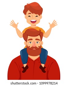 Happy Fathers Day greeting card, flyer, poster or banner. Cheerful son sits on the shoulders of his father. Vector illustration on white background