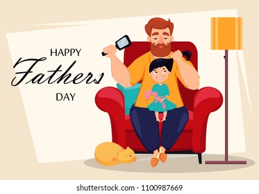 Happy Fathers Day greeting card. Cheerful daughter sits on knees of her father while he does her hairstyle. Vector illustration with lettering, usable for flyer, poster or banner