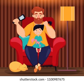 Happy Fathers Day greeting card. Cheerful daughter sits on knees of her father while he does her hairstyle. Daughter and dad together at home. Vector illustration