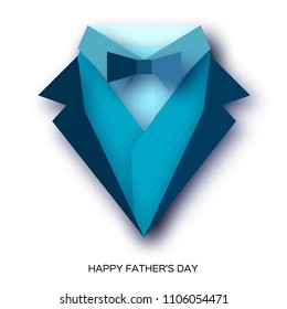 Happy Fathers Day Greeting Card. Mans Jacket In Paper Cut Style. Origami Tuxedo. Weddind Suit With Bow Tie. Vector