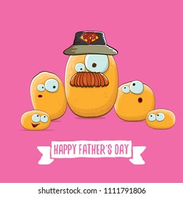 happy fathers day greeting card with cartoon father potato and kids . fathers day vector label or icon isolated on wooden background