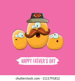 happy fathers day greeting card with cartoon father potato and kids . fathers day vector label or icon isolated on wooden background