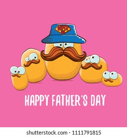 happy fathers day greeting card with cartoon father potato and kids . fathers day vector label or icon isolated on wooden background