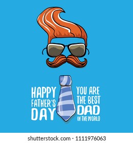 happy fathers day greeting card with cartoon color tie, mustache, sunglasses and greeting text. fathers day vector label or icon isolated on blue background. You are the best dad in the world