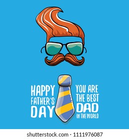 happy fathers day greeting card with cartoon color tie, mustache, sunglasses and greeting text. fathers day vector label or icon isolated on blue background. You are the best dad in the world