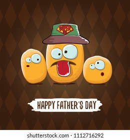 happy fathers day greeting card with cartoon father potato and kids . fathers day vector label or icon isolated on tweed plaid check pattern texture background