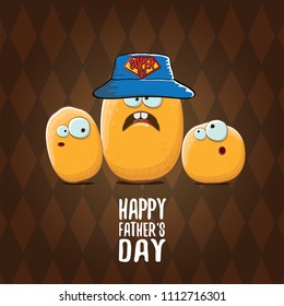 happy fathers day greeting card with cartoon father potato and kids . fathers day vector label or icon isolated on tweed plaid check pattern texture background