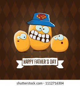 happy fathers day greeting card with cartoon father potato and kids . fathers day vector label or icon isolated on tweed plaid check pattern texture background