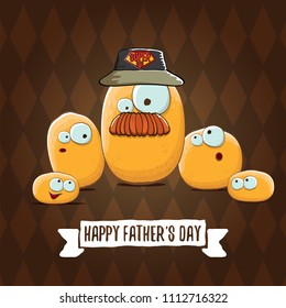 happy fathers day greeting card with cartoon father potato and kids . fathers day vector label or icon isolated on tweed plaid check pattern texture background