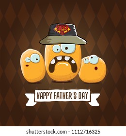 happy fathers day greeting card with cartoon father potato and kids . fathers day vector label or icon isolated on tweed plaid check pattern texture background