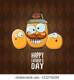 happy fathers day greeting card with cartoon father potato and kids . fathers day vector label or icon isolated on tweed plaid check pattern texture background