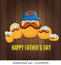 happy fathers day greeting card with cartoon father potato and kids . fathers day vector label or icon isolated on wooden texture background