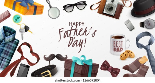 Happy fathers day greeting card horizontal banner with classic male accessories retro camera presents realistic vector illustration