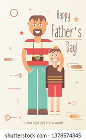 Happy Father's Day Greeting Card. Best Dad and Son. Father with Small Boy on Poster Template. Cartoon Parent and Child. Retro Design. Vector Illustration.