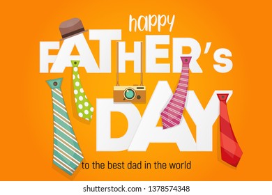 Happy Father's Day. Greeting Card Design. Holidays Background with Symbols Super Dad - Neckties, Hat and Camera on Big White Letters. Vector Illustration.