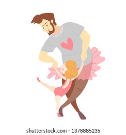 Happy Fathers Day greeting card. 
Father dances with daughter ballerina Vector characters usable for flyer, poster or banner. Modren brush textured