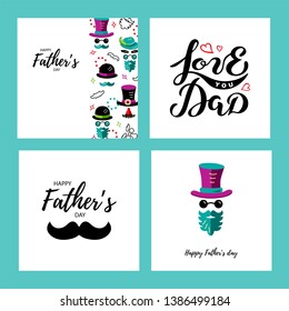 Happy Father's day greeting card set. I love you Dad hand drawn lettering. Man face with hat, glasses, mustache and beard. Flat style vector illustration.