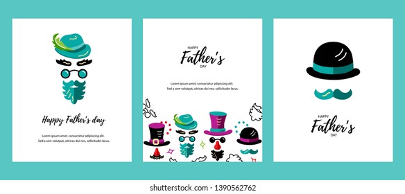 Happy Father's day greeting card set. Man face with hat, glasses, beard with mustache. Flat style vector illustration.