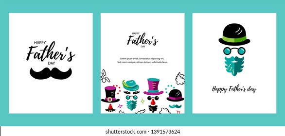 Happy Father's day greeting card set. Man face with bowler hat, glasses, beard with mustache. Flat style vector illustration.