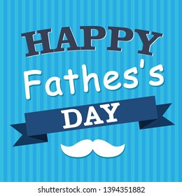 Happy Fathers Day greeting card design for men s event, banner or poster. Striped background with paper cut mustache and glasses. Congratulation text on the blue ribbon. Vector illustration