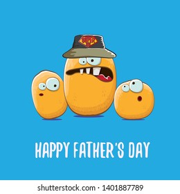 happy fathers day greeting card with cartoon father potato and kids . fathers day vector label or icon isolated on blue background