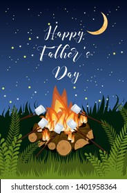 Happy Fathers day greeting card template with campfire, toasting marshmallows, green grass on dark blue starry sky night background. Cartoon vector illustration.