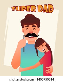 Happy Father's Day greeting card. Cheerful daughter hugs his father. Love concept. Vector illustration