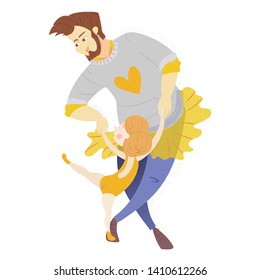 Happy Fathers Day greeting card. 
Father dances with daughter ballerina Vector characters usable for flyer, poster or banner. Modren brush textured