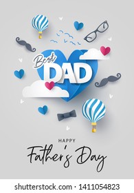 Happy Father's Day greeting card, banner, poster or flyer design with flying origami hearts over clouds with air balloons, paper mustache, glasses and bow tie. Paper art, digital craft style. 