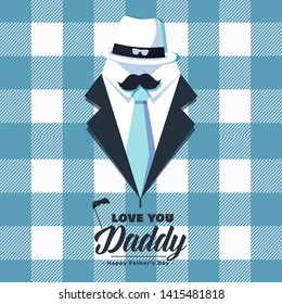 happy father's day greeting card with love you daddy text having hat, glasses, mustache, tie and clothes with texture pattern background poster vector design, banner, post illustration for invitation 