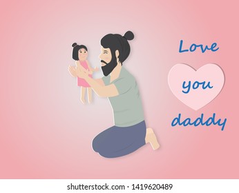 Happy Father's day greeting card with father is carrying his daughter,vector illustration paper art style.