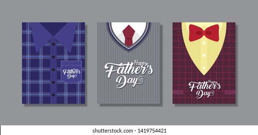 Happy Father's Day greeting card template design. Set of men fashion (shirt, sweater, tie, bow tie & vest) in flat vector design.