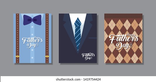 Happy Father's Day greeting card template design. Set of men fashion (bow tie, suspenders, suit, tie & sweater) in flat vector design.