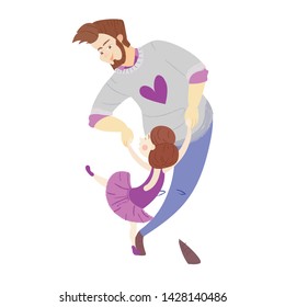 Happy Fathers Day greeting card. 
Father dances with daughter ballerina Vector characters usable for flyer, poster or banner. Modren brush textured