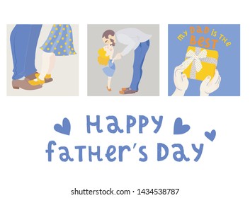 Happy Fathers Day greeting card set. 
Father dances with daughter ballerina. Father holds son. Vector characters usable for flyer, poster or banner. Modren brush textured