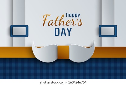 Happy Father's Day greeting card design for holiday banner, poster. Checkered blue background, golden mustache shaped bow tie, suspenders. Congratulation text, paper cut out style, vector illustration