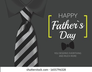 Happy father`s day greeting card. 
Fathers day background with calligraphic text with black and white tie and white shirt