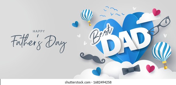 Happy Father's Day greeting card, banner, poster or flyer design with flying origami hearts over clouds with air balloons, paper mustache, glasses and bow tie. Paper art, digital craft style. 