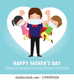 happy father's day greeting card. great dad with his son and daughter hang on his arms and wearing medical masks to prevent disease vector illustration coronavirus (2019-nCoV) COVID-19